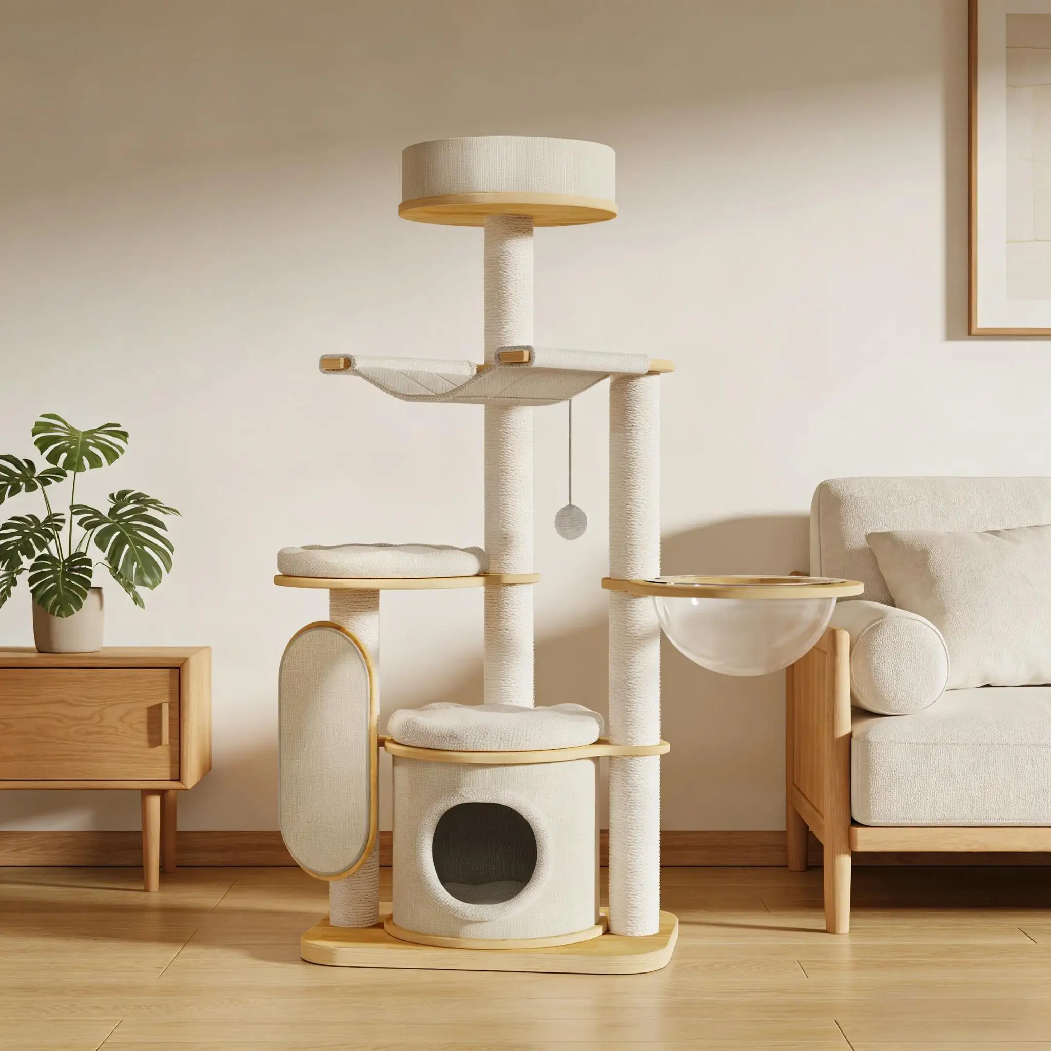 Eco-Friendly Luxury Wood Cat Tree Modern Factory-Made 4-Level Multi-Function Design For Play Sleep Large Space For Cats All