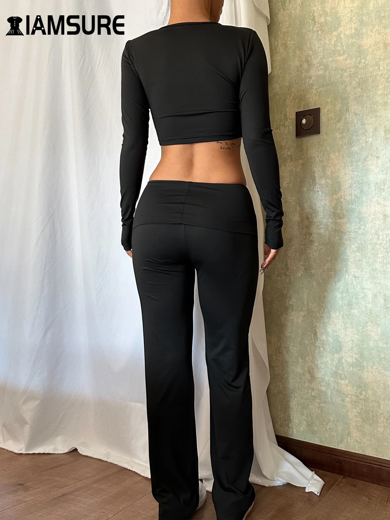 IAMSURE Yoga Baisic Pants Set 2024 Women Sporty Activewear Solid Slim 2 Piece Sets O-Neck Cropped T Shirt Low-Waisted Pants