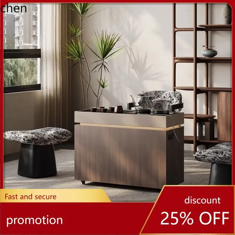 HT Minimalist Movable Tea Cart Living Room Sofa Solid Wood Side Cabinet Balcony Tea Table Tea Desk High-End Feel