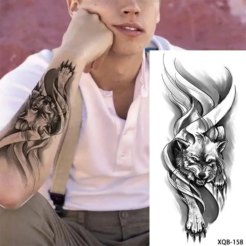 Black Forest Tattoo Sticker for Men Women Tiger Wolf Death Skull Temporary Tattoo Fake Henna Skeleton King Animal Tatoo Pattern