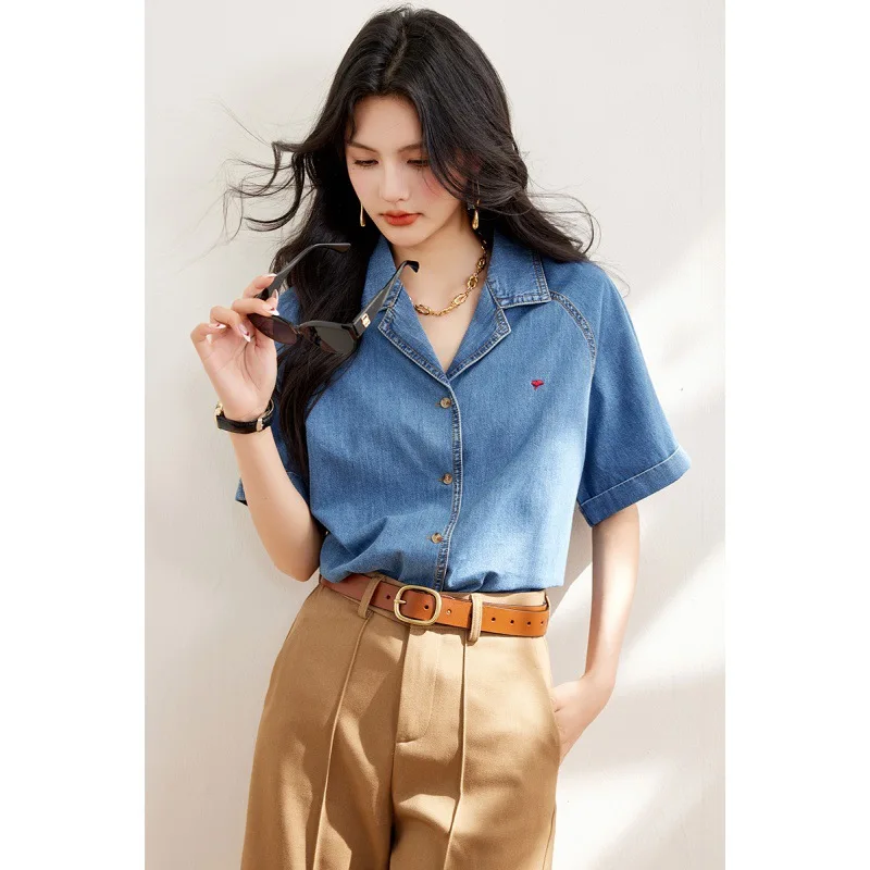 Flowers Casual Denim Shirts for Women 2024 Fashion Vintage Short Sleeve Loose Shirt Korean Style Single-Breasted Commuting Tops