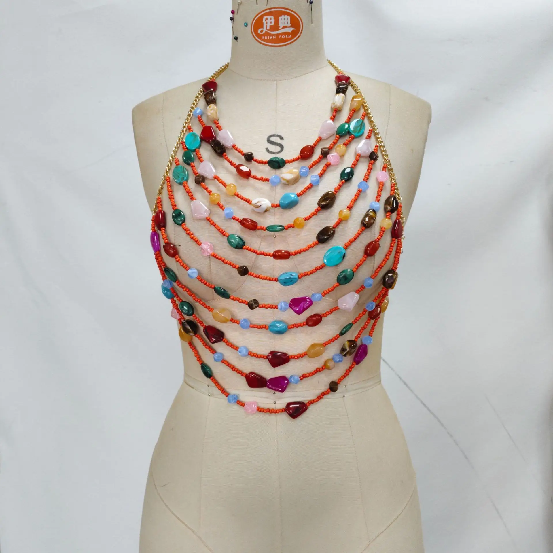 New Multi layer Colorful Bead Chain Hollow Tank Top for Beach Spicy Girls Wearing Sexy Outerwear with Exposed Umbilical Top