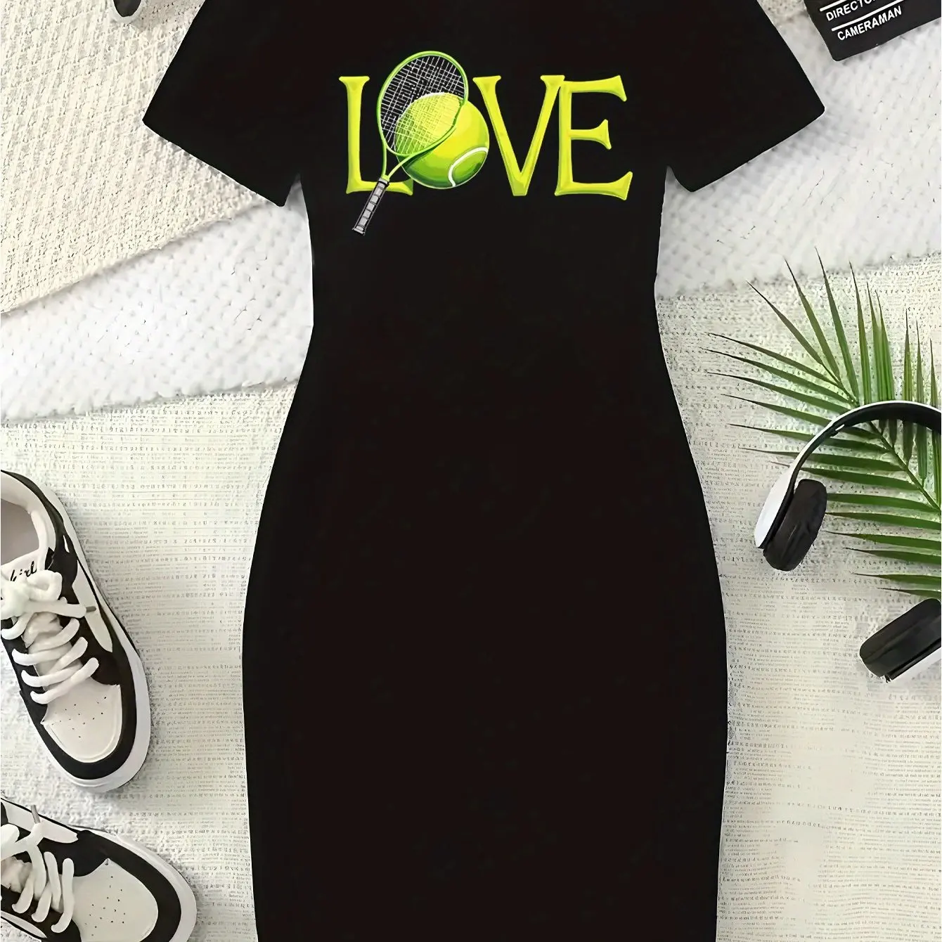 

Plus Size Women's Love Tennis Graphic T-Shirt Dress Black Short Sleeve Mini Dress for Summer Casual Athletic Style Tennis Dress