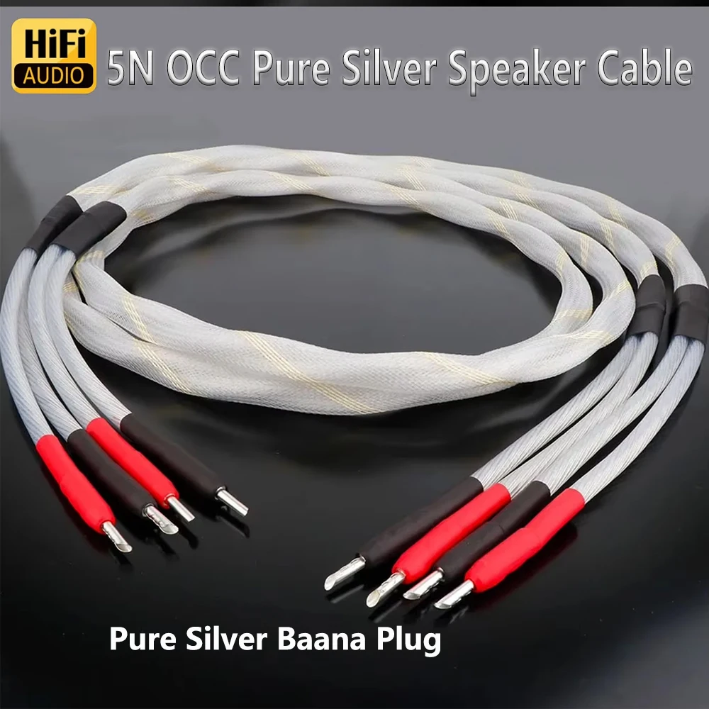 

HiFi 5N OCC Pure Silver Speaker Cable Upgrade Hi-end Speaker Cable Audio Amplifier Stereo Speaker Wire Banana Y Plug