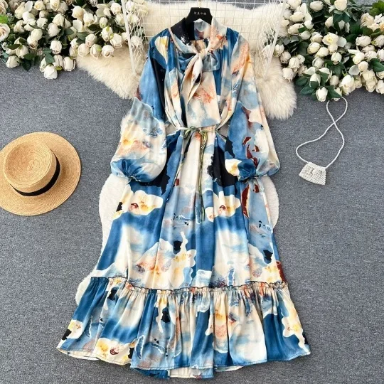 

Women Floral Print Dress A Line Long Dresses Casual Slim Party High Waist Round Neck Short Sleeve Lace Up Bow Pleated Vestidos