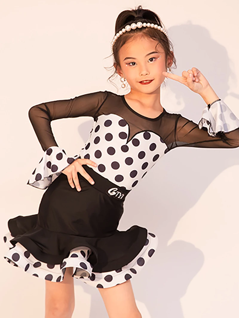 Kinder Meisjes Latin Dance Dress Mesh Ruches Dot Printing Ballroom Rumba Dancewear Training Chacha Performance Kostuum Outfits