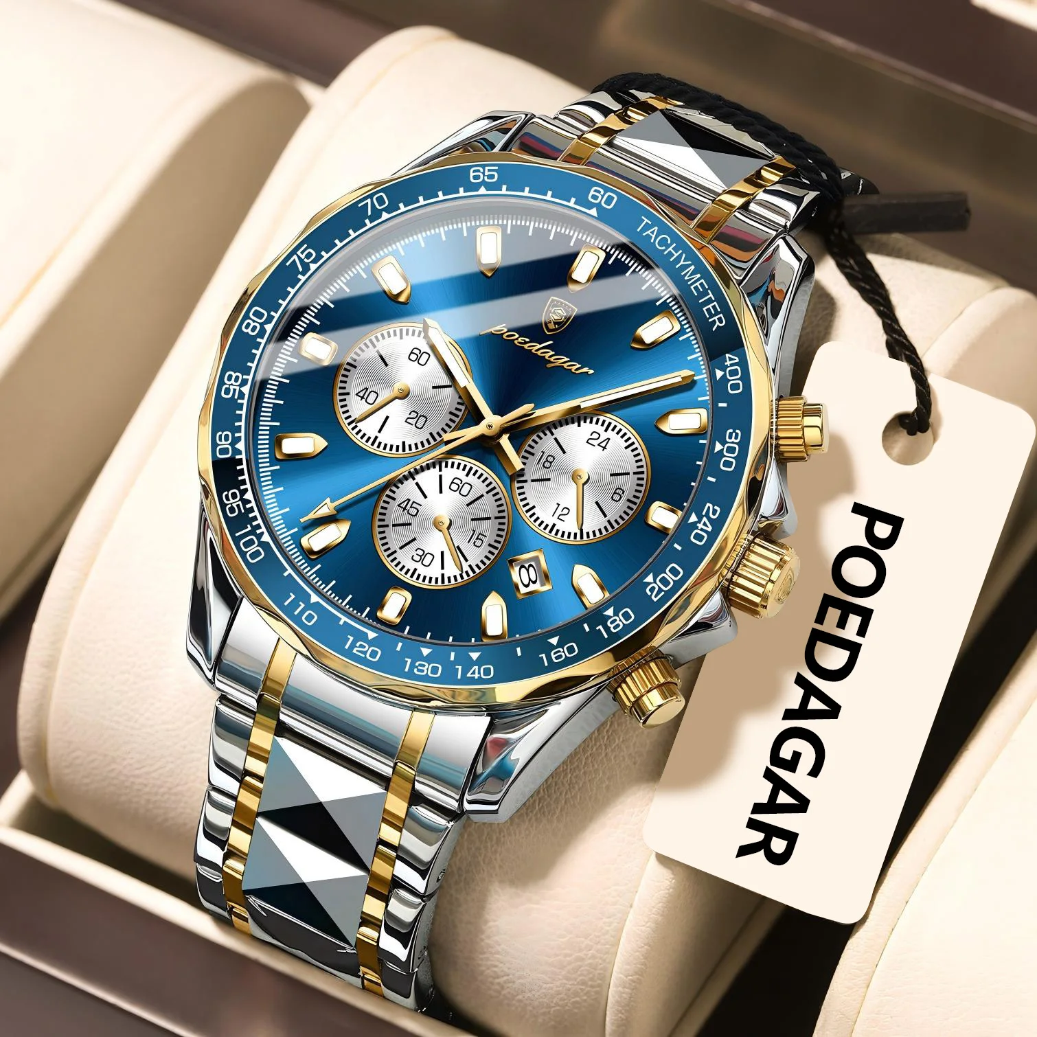 POEDAGAR หรูหรานาฬิกาผู้ชายกันน้ําส่องสว่างวันที่นาฬิกาโครโนกราฟสําหรับผู้ชายสแตนเลสแฟชั่นกีฬาควอตซ์ผู้ชายนาฬิกา