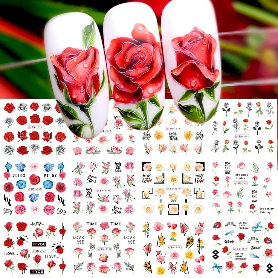 12pcs Nail Sticker Rose Flower Love Letters Water Decal Transfer Nail Slider Tattoo Valentine Manicure Decorations Nail Foils LY