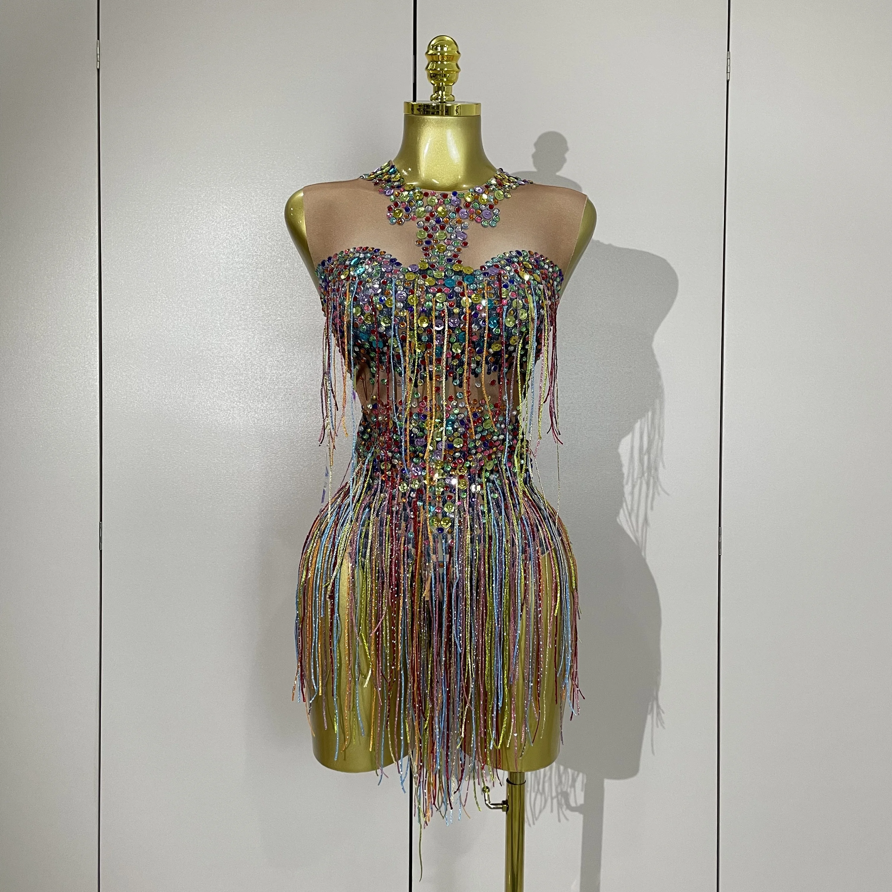 Sparkle Colorful Rhinestone Sequins Tassel Bodysuit 2025 Women Evening Birthday Party NightClub Bar DJ Dancer Team Stage Costume