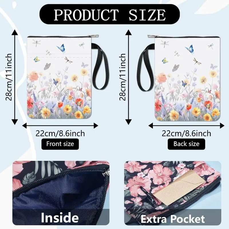 1pc Flowers Book Sleeve with Zipper Book LoversButterfly Gifts Hardcover Paperbacks Waterproof Book Pouch Bag Protector Front