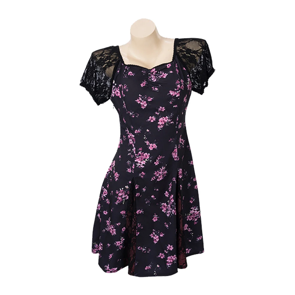 Nikki Cosplay Obsession Costume Women Black‑Pink Floral Midi Dress Outfit Disguise Temporary Tattoo Stickers Halloween Carnival view 3