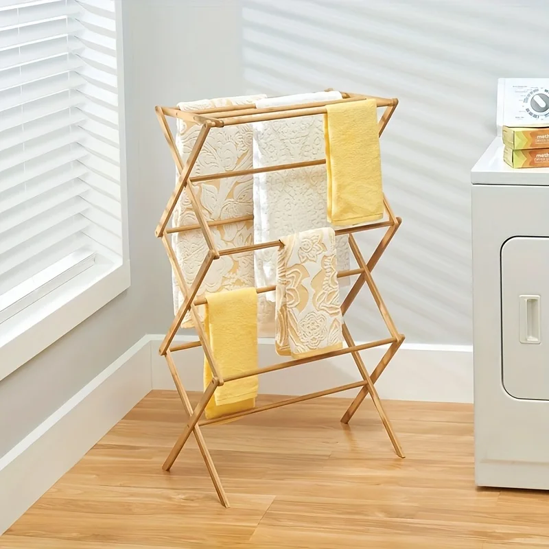

Collapsible Bamboo Drying Rack Portable Laundry Drying Rack Space-Saving Clothes Rack for Air-Drying Towels Indoor & Outdoor