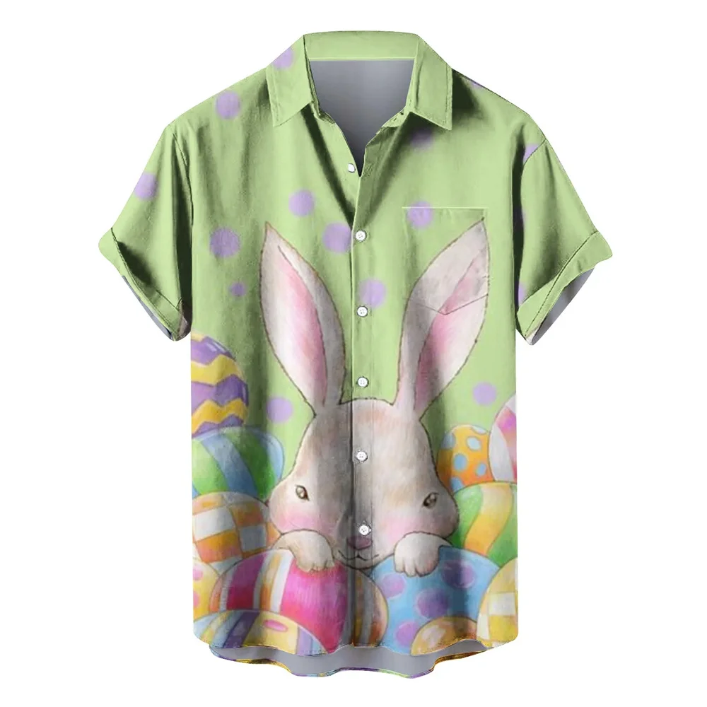 2024 Happy Easter Shirt For Men Funny Rabbit Print Hawaiian Tops Plus Size Short Sleeve Button Down Lapel Collared Shirts Blouse