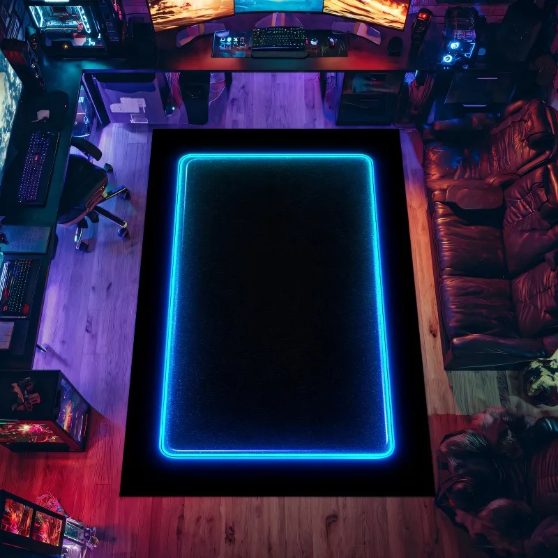 Neon Blue Border Gaming Printed Carpet Black Large Area Floor Rug for Game Room Home Decoration Thanksgiving New Year