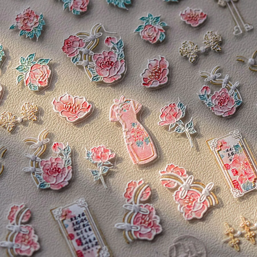 Pegatinas de Arte de uñas de flores rosas Kawaii, 5D, 1 piezas, dibujos animados, estilos chinos, peonía, Qipao, calcomanías autoadhesivas, accesorios de decoración de uñas