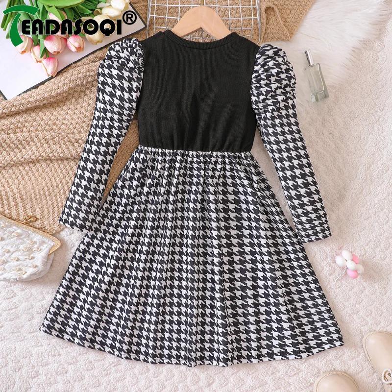 Children Casual Dress For Girls Spring Autumn Thousand-bird Plaid Spliced Bubble Long Sleeve Kids A-line Princess Dresses 5-10Y