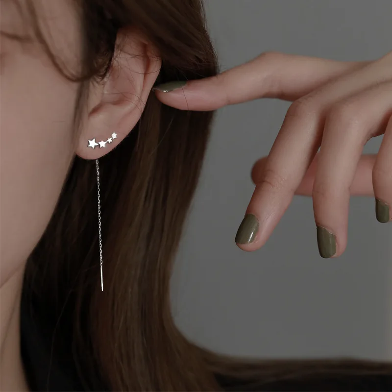 925 Silver Star Tassel Chrome Drop Earrings High Quality For Women Elegant Vintage Party Luxury Jewelry Prevent Allergies
