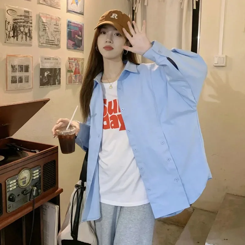 

Рубашка с длинными рукавами для женщин, свободное однотонное пальто в корейском стиле, кардиган на пуговицах с лацканами, модный топ для поездок на работу