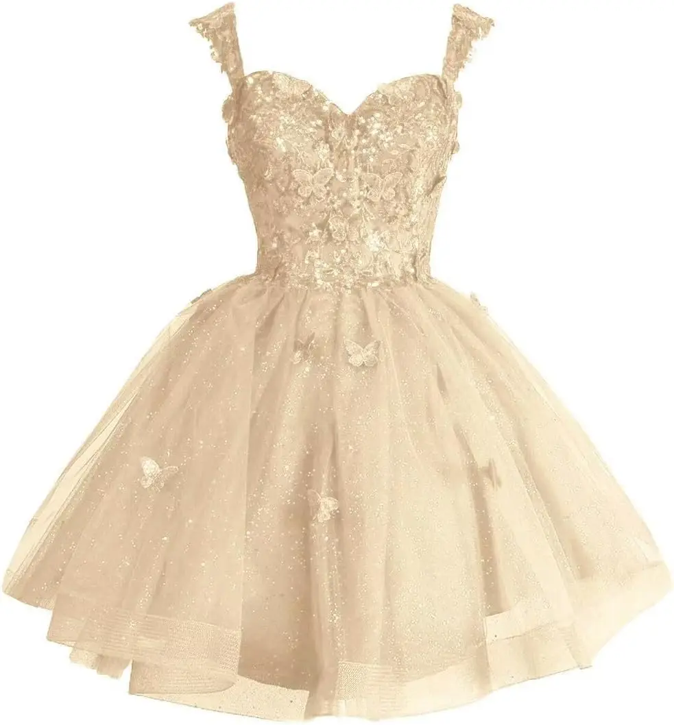 

3D Butterfly Sparkly Tulle Short Homecoming Dress - Off-Shoulder Mini Gown for Teens Glittery Cocktail Party Dress above Knee