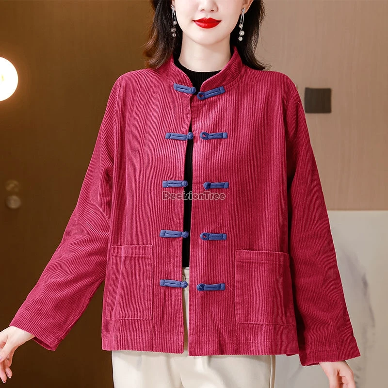 2024 chinese corduroy tang suit short coat top spring and autumn new women retro stand collar long sleeve disc buckle loose coat