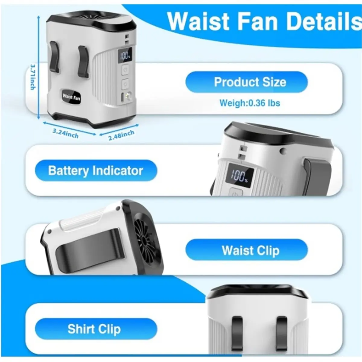Waist Fan Clip on Shirt Belt Body Wearable Hand-Free Rechargeable Battery Powered Fan with 3 Speed for Camping Travel