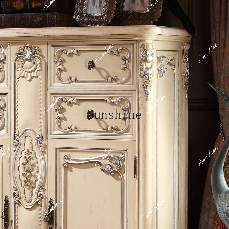 European solid wood shoe cabinet foyer white engraved drawing silver storage porch side cabinet  FT