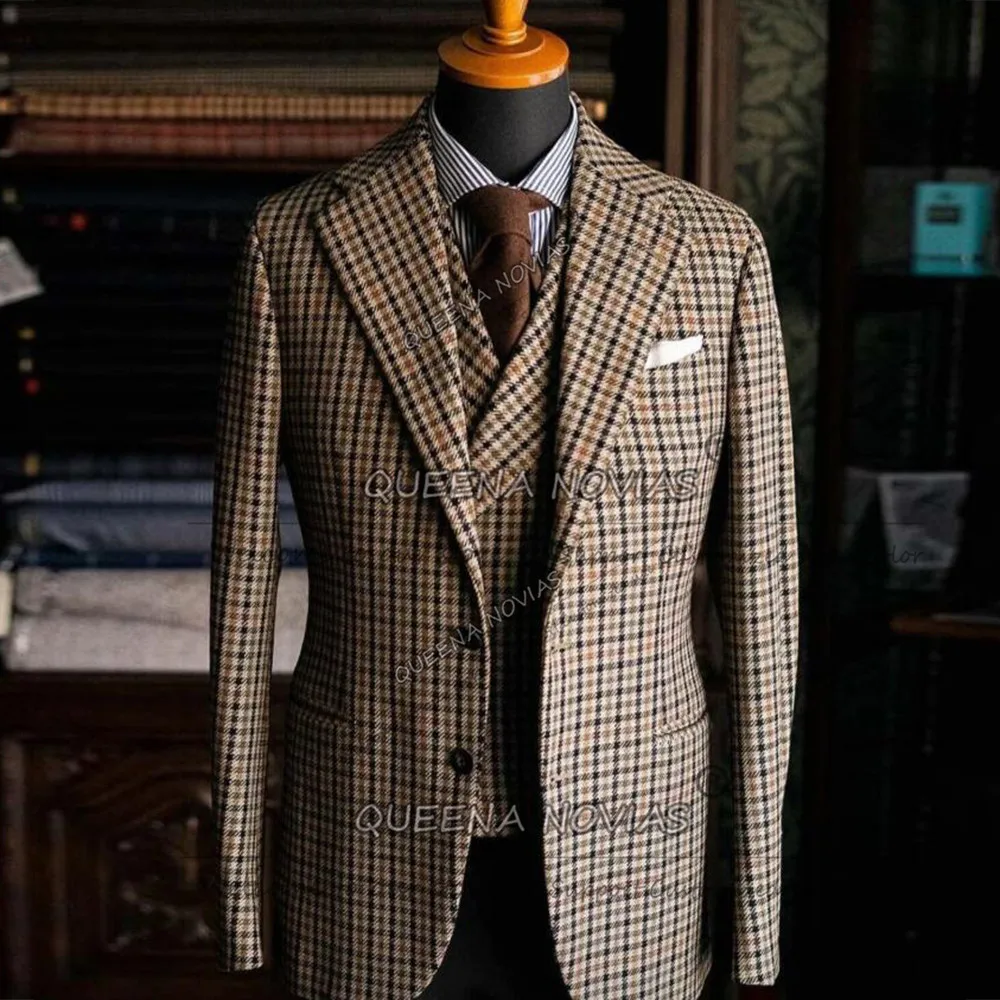 Classic Plaid Checks Suits Men 3 Pieces Houndstooth Single Breasted Prom Blazers Customized Man Business Attire Groom Tuxedos