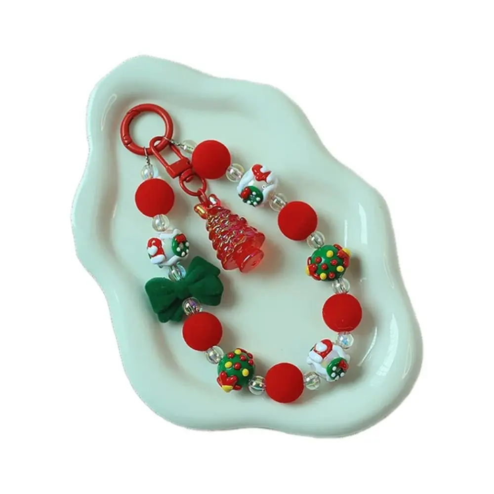 Santa Claus Beads Keychain Christmas Tree Bracelet Beads Keyring Flocked Bowknot Lovely Beaded Cell Phone Lanyard Christmas