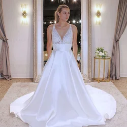 Fashion Pleat Wedding Dress Beads Sleeveless Sexy Bride Dress A-line Tulle Sweep Train Long Dress For Women 2024 Robe De Mariée