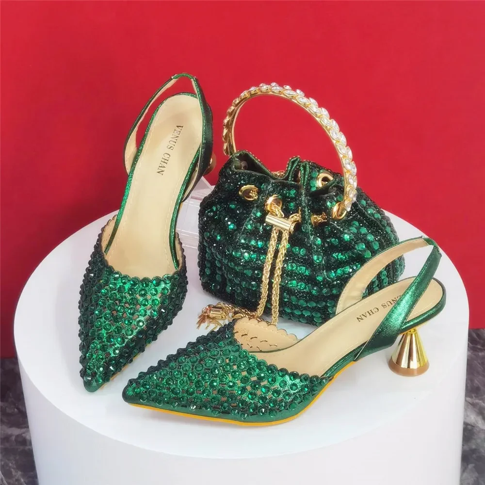Shiny Gold Rhinestone Shoe & Bucket Bag Set | Pointed Crystal Heels, Womens Lux Wedding Eve Bridal Formal Prom Match Purse Kits