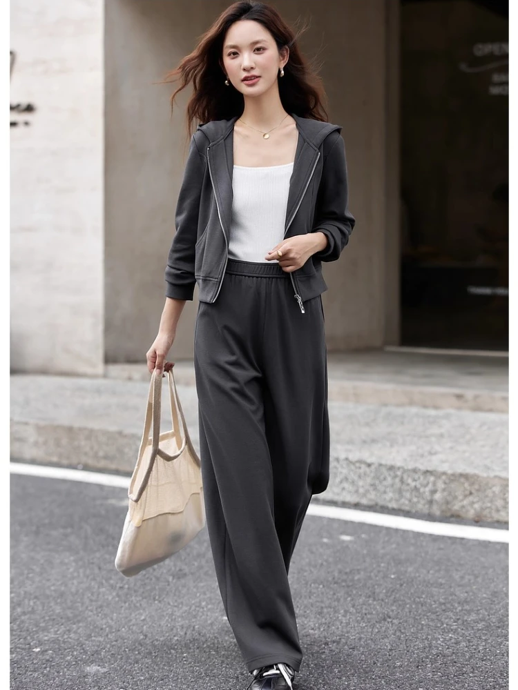 

VIMLY Elegant Women's Sets Sporty Autumn 2025 Long Sleeve Knitted Hooded Jacket Straight Baggy Pants Trouser Ladies Sets A2036