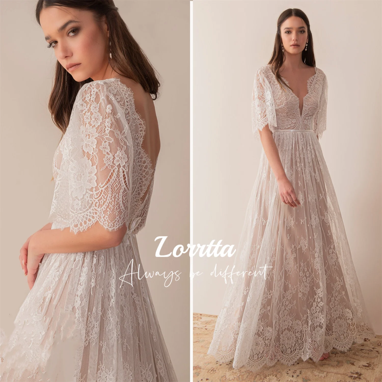 Lorrtta Lace A Line Wedding Dress Half Sleeve Wedding Dress V Neck Backless Bridal Gown Gala Dresses Woman Long Evening Women's