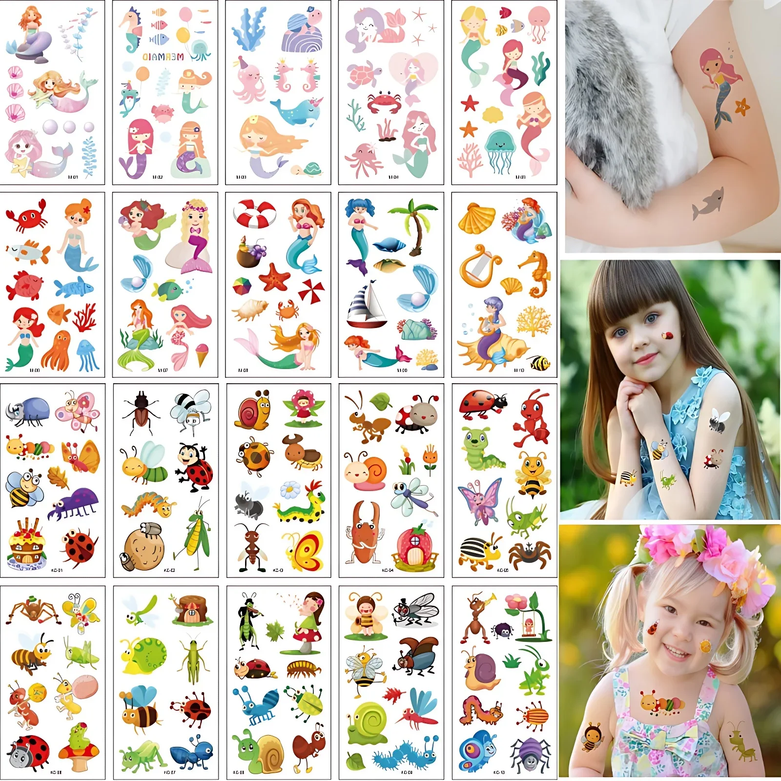 20pcs/pcs Children Fake Tattoo Mermaid Insect Series Cute Cartoon Aquatic Plant Seven Ladybug Ant Bee Waterproof Tattoo Sticker