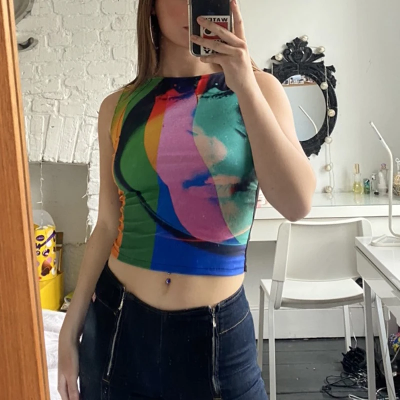 Kobiety Tie Dye drukowany Crop Top bez rękawów podkoszulki Y2K streszczenie graficzne wokół szyi Cami koszulki e-girls 90s Streetwear