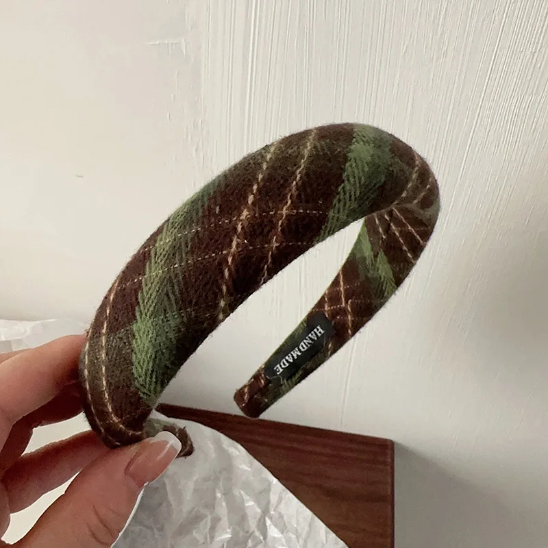 Hot Selling New Fashion Padded Headband Sponge Velvet Green Color Plaid Grid Puffy Hairband Vintage Girls Women Hair Accessories