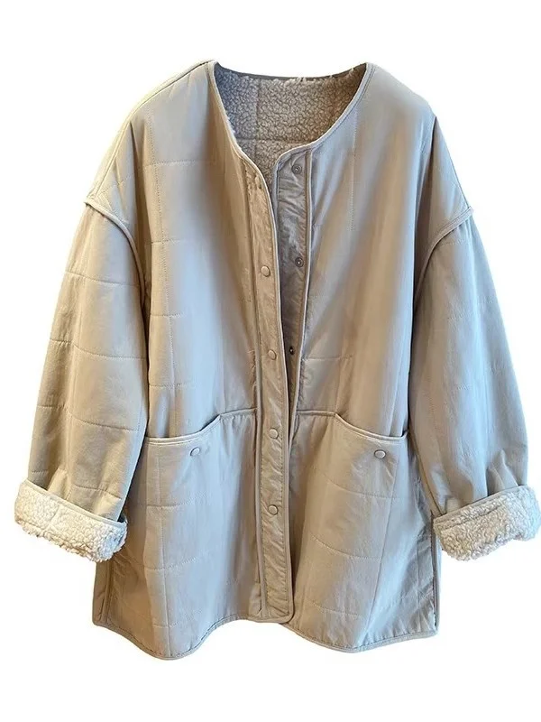 معطف طويل مبطن بفرو خروف أصلي كبير الحجم متوسط الطول من القطن Jaet للنساء من ألياف الخيزران عادي Sve #5