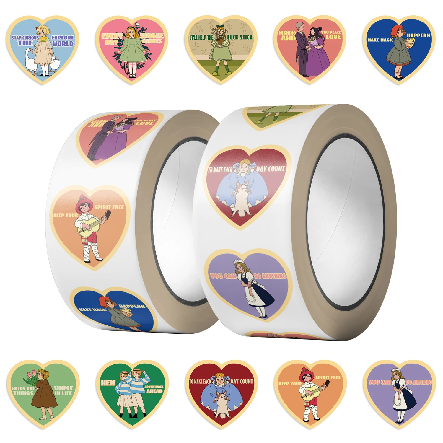 500PCS/Roll Retro Cartoon Characters Stickers Heart Shaped Kid Sealing Sticker DIY Laptop Bicycle Skateboard Graffiti Decal Gift