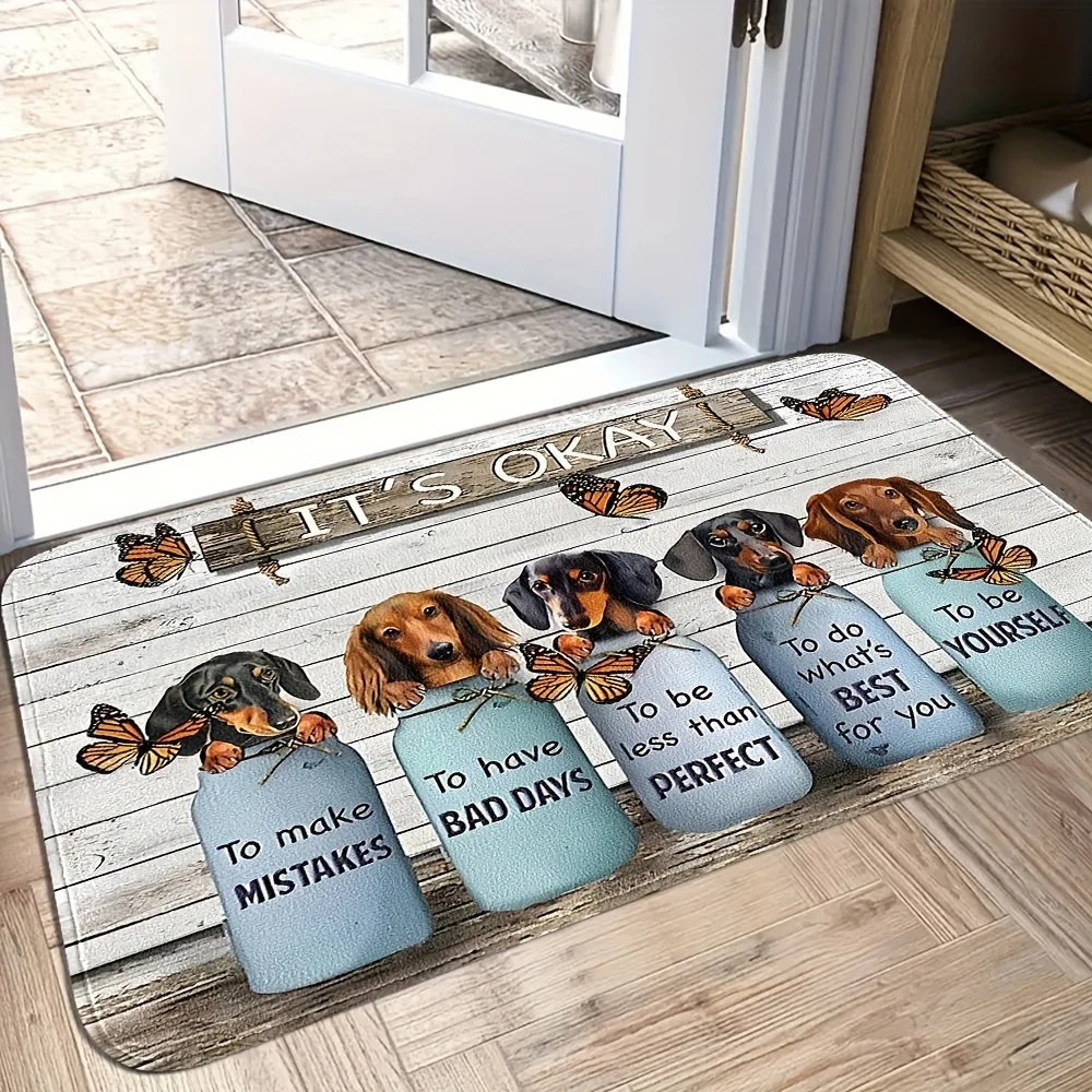 Rustic Motivational Entry Rug Cute Dachshund Puppy Butterfly Positive Words Printed Doormat for Home Porch Decor