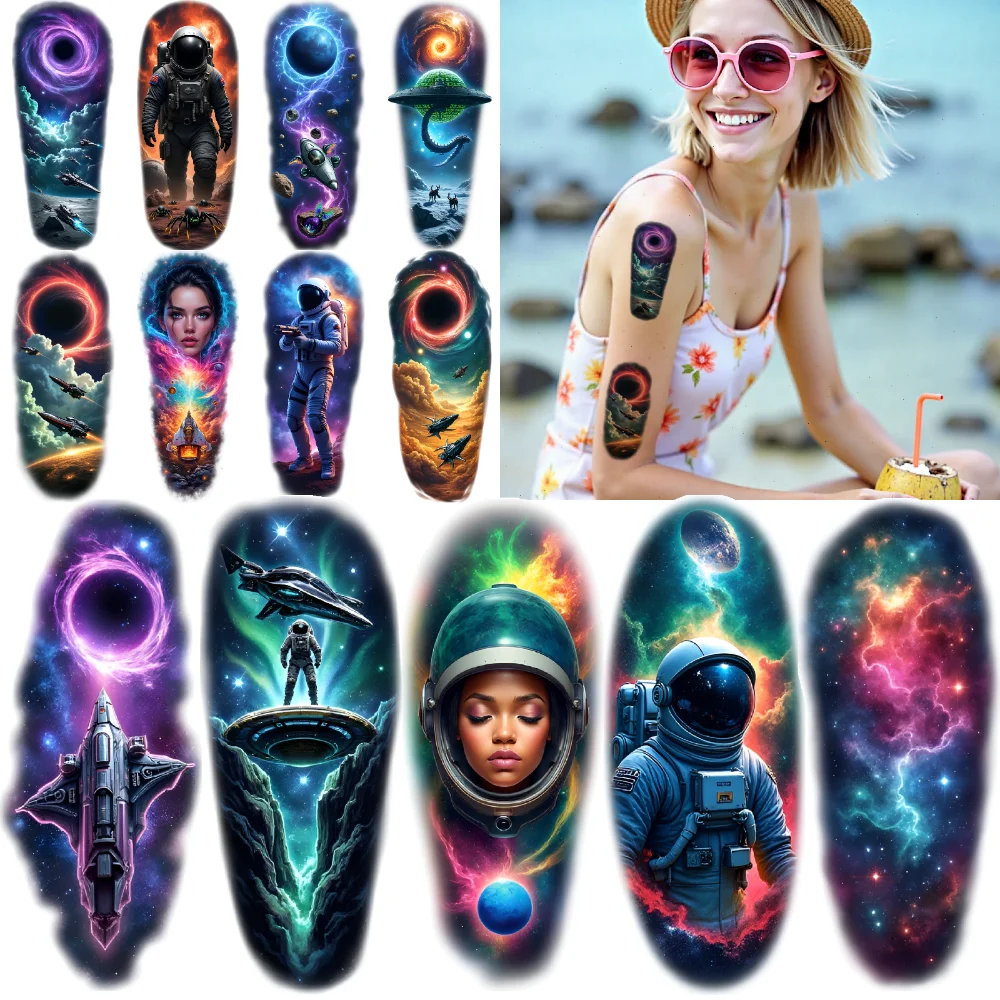 

Временная татуировка Galaxy, 12 шт., реалистичные временные татуировки космонавта, космические водонепроницаемые долговечные наклейки для тела, черное отверстие
