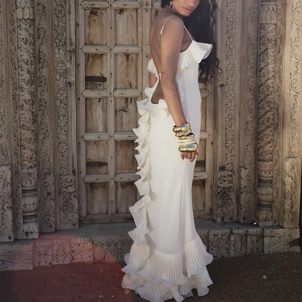 فساتين سهرة أنيقة مجعدة حورية البحر برقبة دائرية وأشرطة سباغيتي بدون أكمام بطول الأرض فستان حفلات خاص للنساء