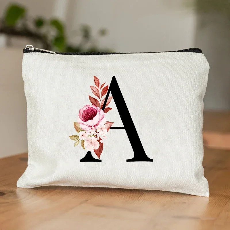 26 Letters Flower Makeup Bag Printed Bridesmaid Wedding Gift Graduation Teacher\'s Day Gift Storage Bag Travel perfume Side Bag