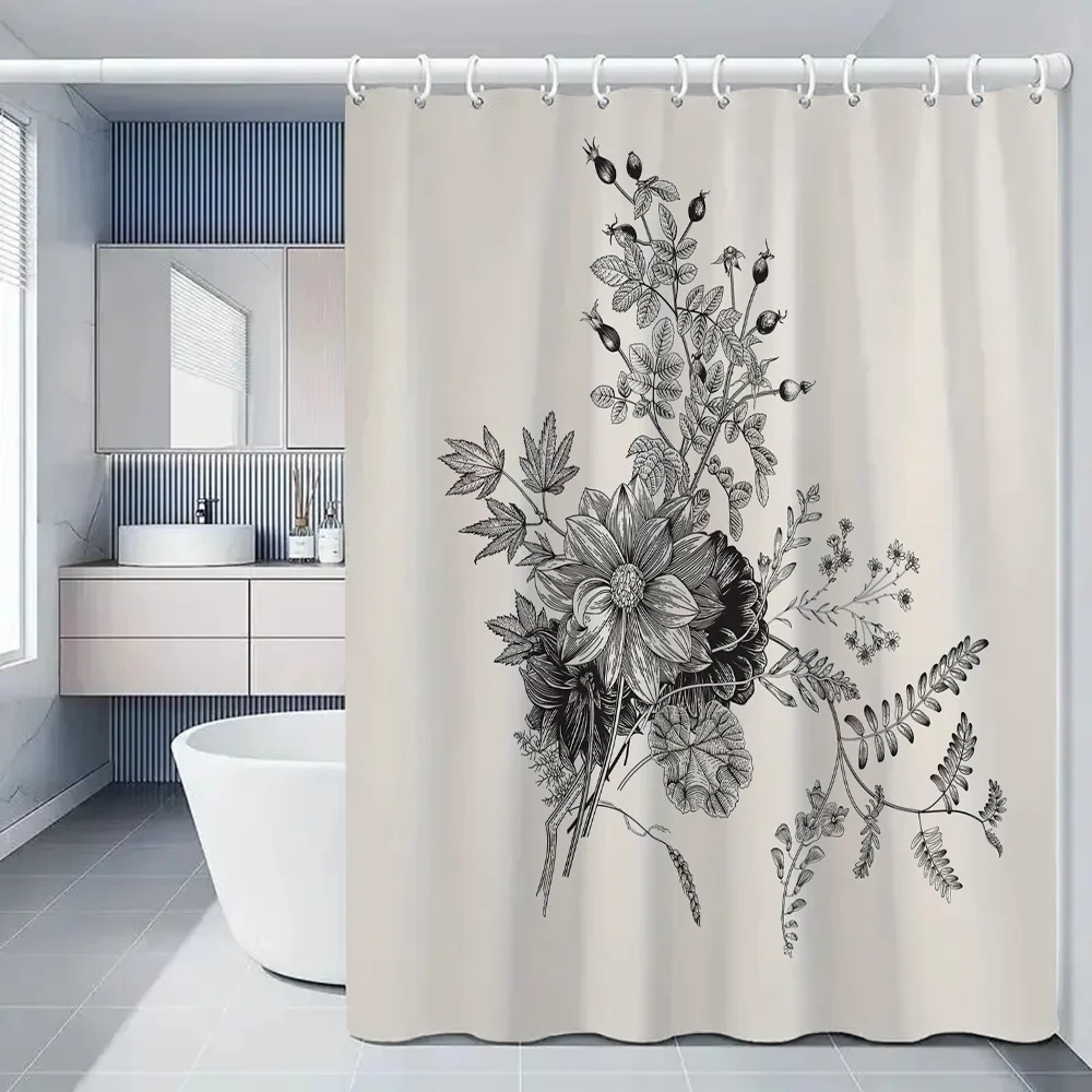 Black and White Flower Shower Curtains for Bathroom Accessories Set Bath Curtain Folding Partition Bedrooms Things the Sets Full