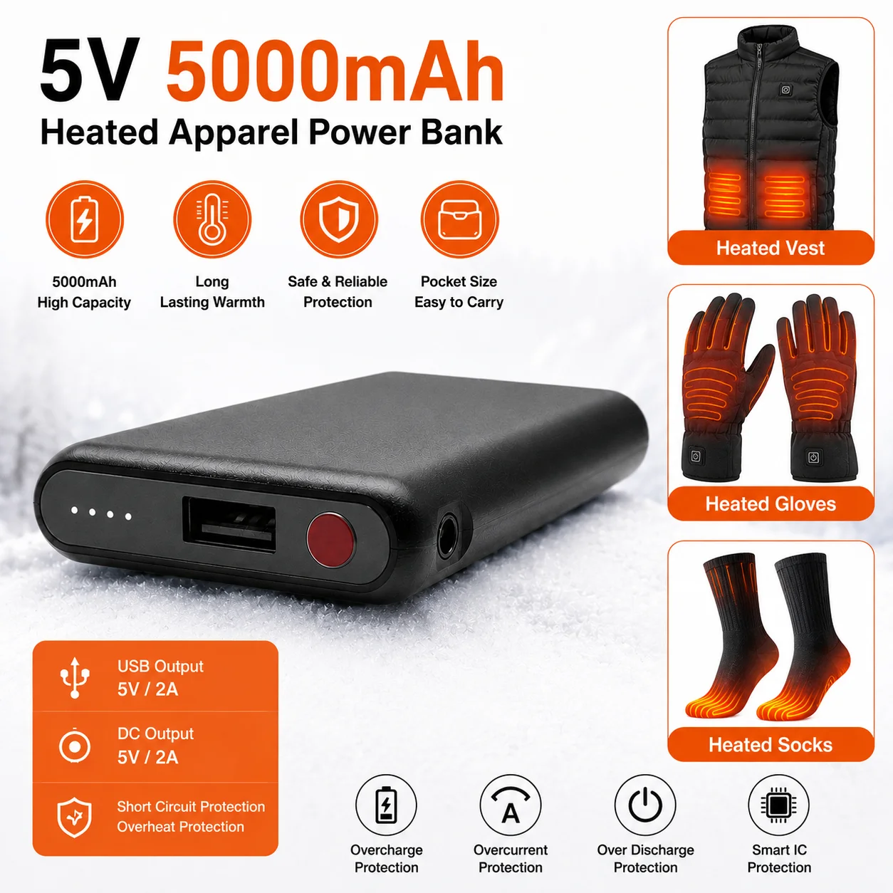 Beheizte Handschuhe, Akku-Powerbank 5V 5000mAh, wiederaufladbar für Heizwesten, Heizsocken, Winter-Outdoor-Batterien, mobile Stromversorgung