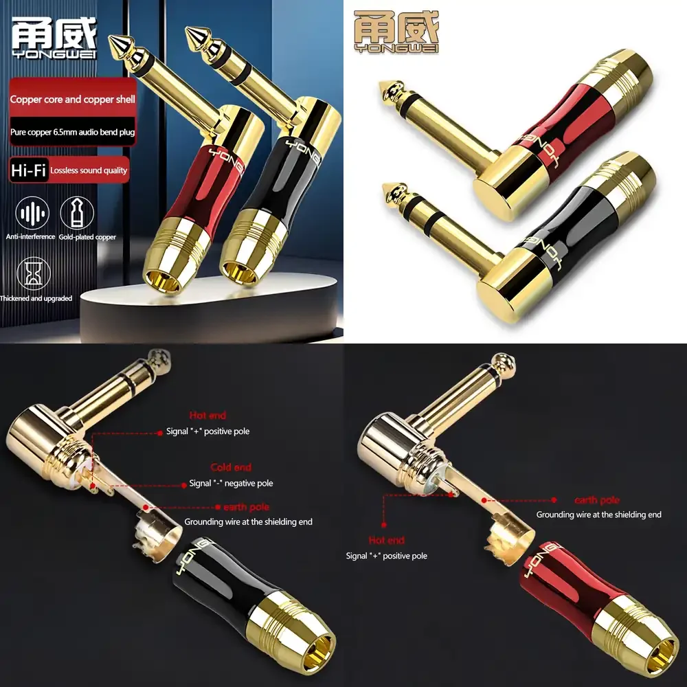 YONGWEI Pure Copper Gold-Plated 6.35mm 90-Degree Curved Audio Video Cable Plug for Guitar Electronic Piano Speaker Headphone