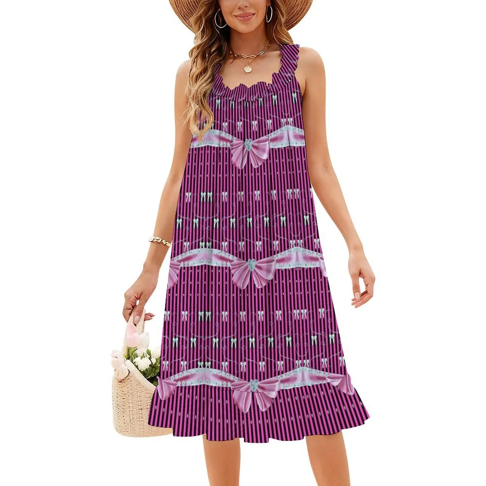 الكمال الباريسي باللون الوردي / الأرجواني فستان بوهو أنيق أنيق لحفلات الزفاف على الشاطئ بفيونكة باريسية وردي جميل