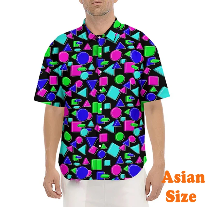 Colorful Artistic Geometric Shirt For Men's Daily Street Hip Hop Graffiti Hawaii Shirt Harajuku Fashion 2025 New Button Blouse