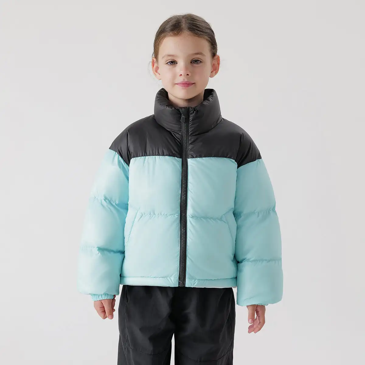 

MARC&JANIE Three-proof Fabrics Boys Girls Lightweight Thickened Standing Collar Color Patched Down Jacket for Winter 231681