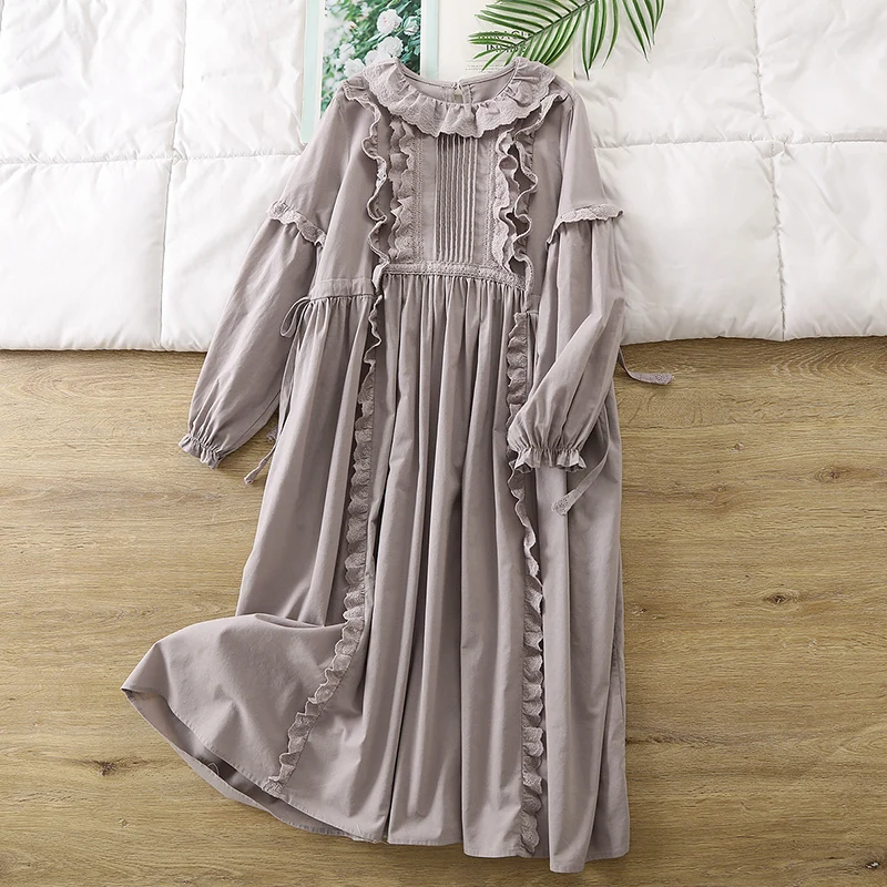 New Spring Autumn Ruffles Pleated Dress Women Clothing Beige Gray Color Loose Long Sleeved Female Cotton Dresses Robe U083 - view 2