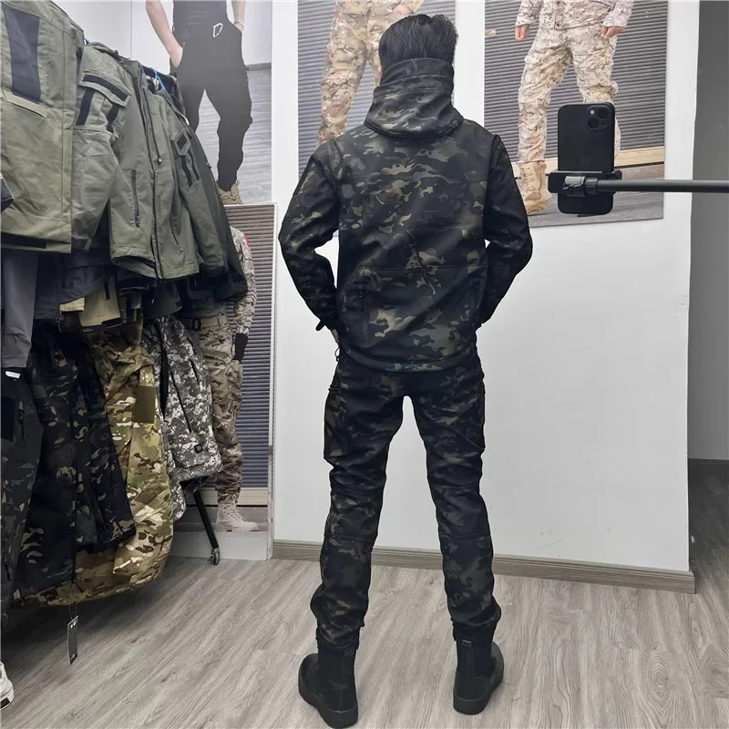 Black Camo 3 Pcs Sets Men Army Soft Shell Hooded Jacket+Breathable Long Sleeve Tshirts+Multi-pocket Straight Pants Cargo Suits