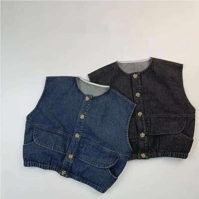 

Spring New Children Pocket Denim Vest Baby Boys Girls Sleeveless Vintage Cardigan Toddler Solid Casual Vest Coat Kids Clothes